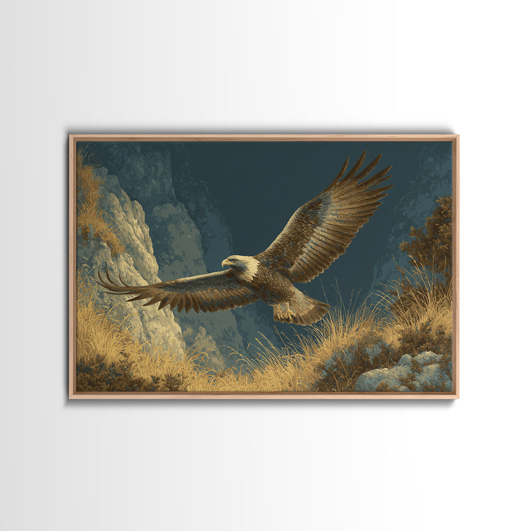 Eagle Soaring Above Rocky Cliffs Canvas Print, Wildlife Art, Bird Art, Living Room Decor, Watercolor Art, Wild, WIL-3x2-34