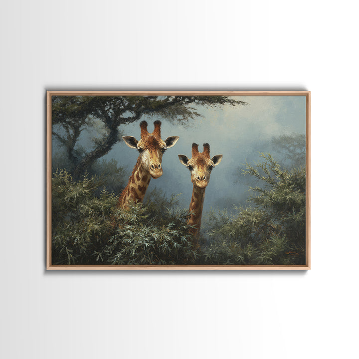 Giraffe Pair under Acacia Tree Framed Canvas Print, Wildlife Art, Rustic Home Decor, Living Room Decor, Fine Art, Wild, WIL-3x2-35