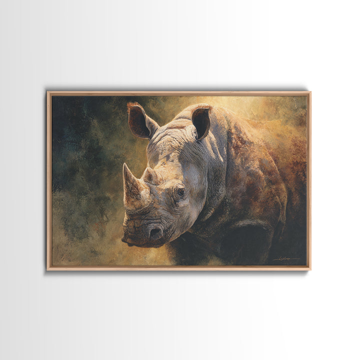 Rhino in Dramatic Stormy Light Framed Canvas Print, Wildlife Art, Bedroom Wall Art, Living Room Decor, Fine Art, Wild, WIL-3x2-36