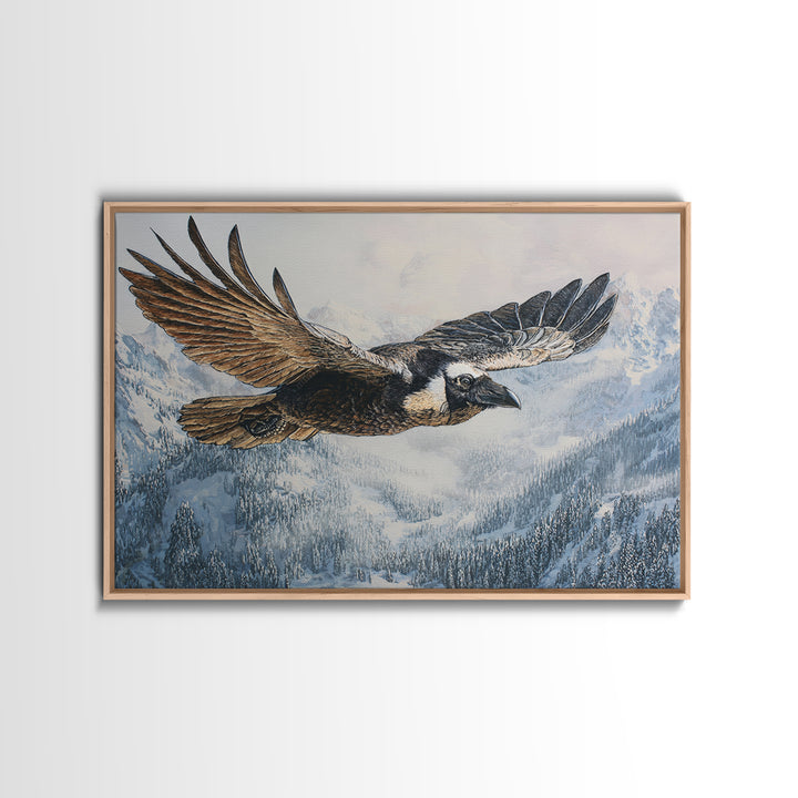 Raven Flying Through Snowy Mountains Canvas Print, Wildlife Art, Wall Hangings, Living Room Decor, Fine Art, Wild, Bird Art, WIL-3x2-4