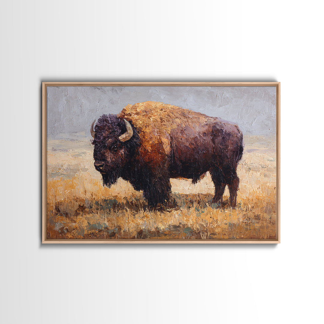 Bison on Wide Western Prairie Framed Canvas Print, Wildlife Art, Digital Download Art, Living Room Decor, Watercolor Art, Wild, WIL-3x2-41
