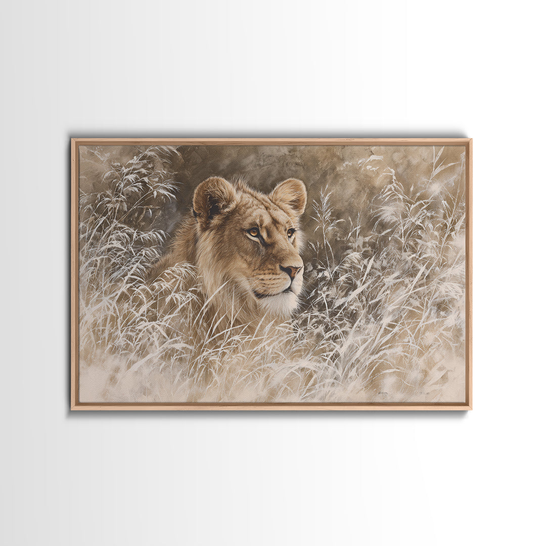 Lion Emerging from Golden Savanna Grass Framed Canvas Print, Wildlife Art, Modern Art, Living Room Decor, Fine Art, Wild, WIL-3x2-5
