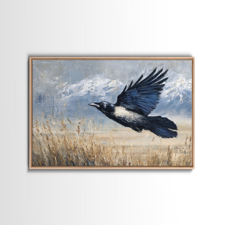 Raven Flying Through Snowy Mountains Canvas Print, Wildlife Art, Living Room Wall Art, Living Room Decor, Fine Art, Wild, WIL-3x2-52