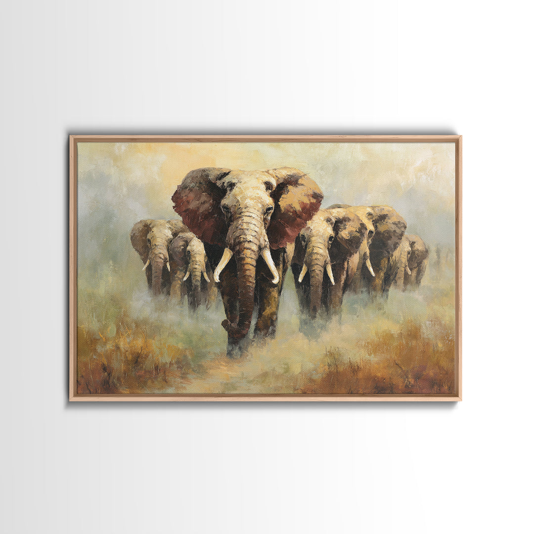 Elephant Herd Walking Through Dusty Sunset Canvas Print, Wildlife Art, Living Room Wall Art, Living Room Decor, Fine Art, Wild, WIL-3x2-54