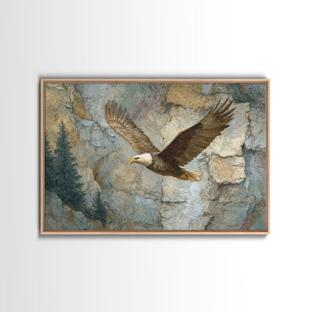 Eagle Soaring Above Rocky Cliffs Canvas Print, Wildlife Art, Bird Art, Living Room Decor, Watercolor Art, Wild, WIL-3x2-58