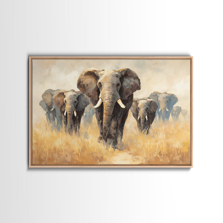 Elephant Herd Walking Through Dusty Sunset Framed Canvas Print, Wildlife Art, Living Room Decor, Wild, Living Room Art, WIL-3x2-6