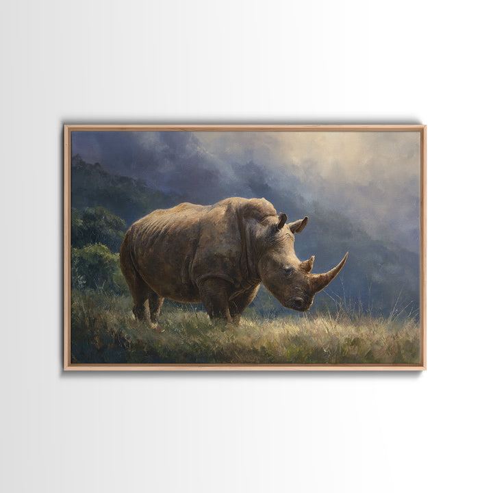 Rhino in Dramatic Stormy Light Framed Canvas Print, Wildlife Art, Original Artwork, Living Room Decor, Fine Art, Wild, WIL-3x2-60