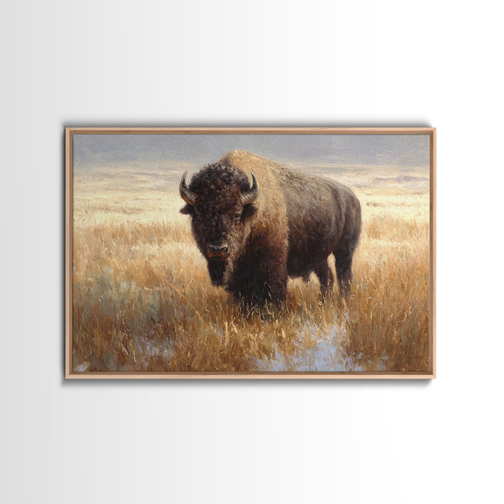 Bison on Wide Western Prairie Framed Canvas Print, Wildlife Art, Digital Download Art, Living Room Decor, Watercolor Art, Wild, WIL-3x2-65