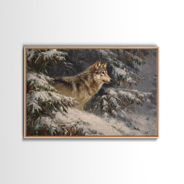 Wolf Standing Beneath Snowy Pine Trees Framed Canvas Print, Wildlife Art, Home Decor, Living Room Decor, Abstract Art, Wild, WIL-3x2-7