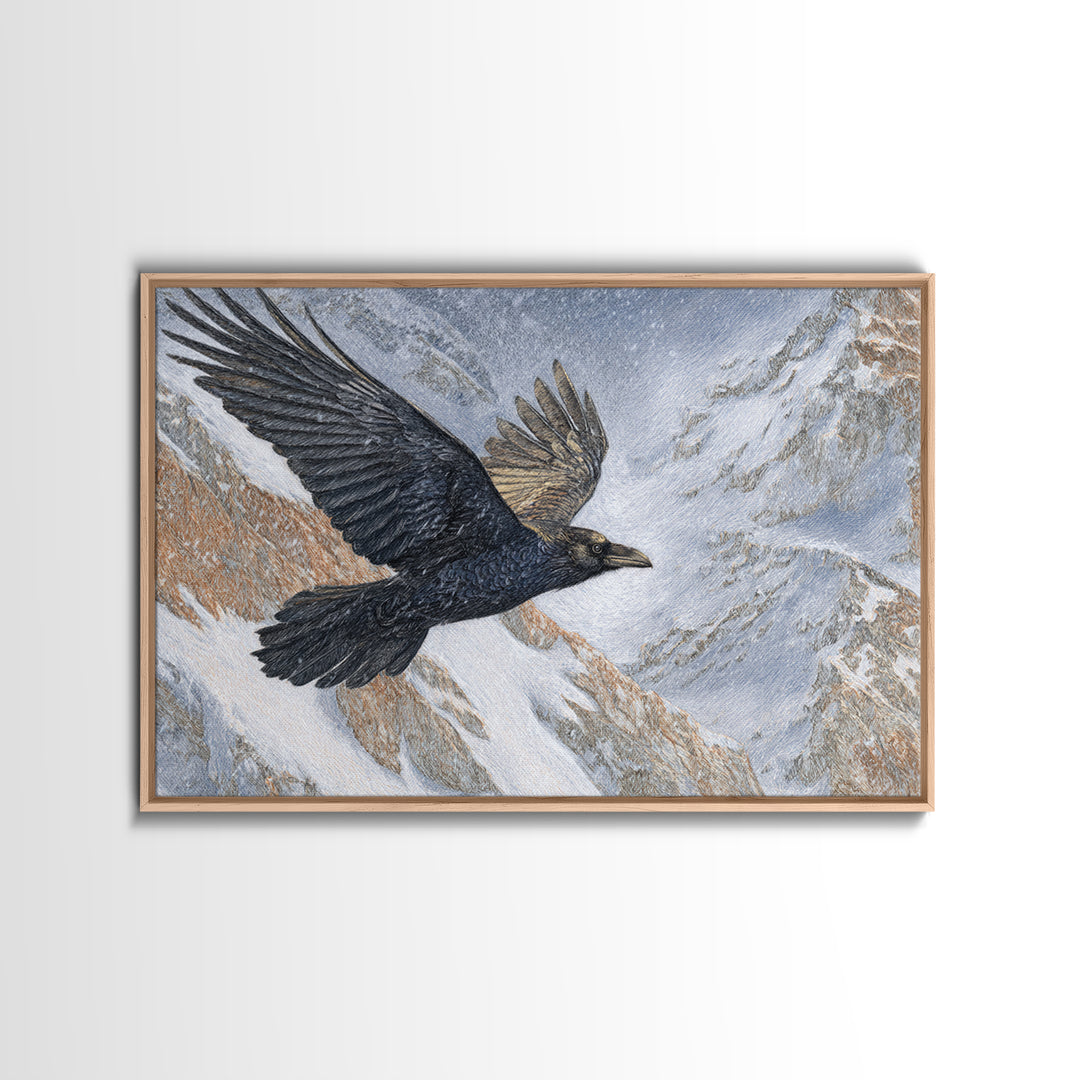 Raven Flying Through Snowy Mountains Canvas Print, Wildlife Art, Forest Wall Art, Living Room Decor, Fine Art, Wild, WIL-3x2-76