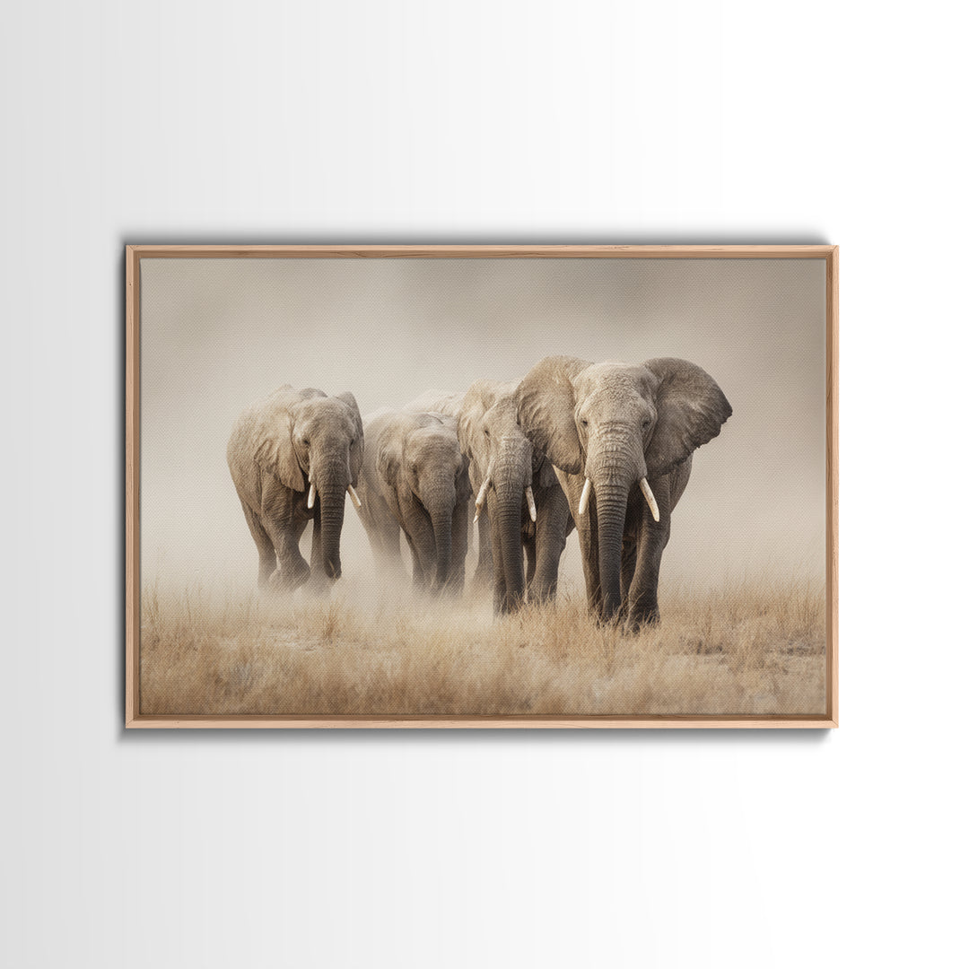 Elephant Herd Walking Through Dusty Sunset Framed Canvas Print, Wildlife Art, Digital Download Art, Living Room Decor, Wild, WIL-3x2-78