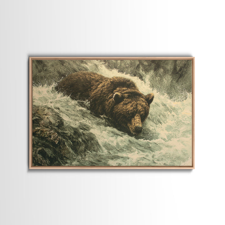 Bear Fishing in Rushing Mountain River Framed Canvas Print, Wildlife Art, Wall Art Print, Living Room Decor, Fine Art, Wild, WIL-3x2-8
