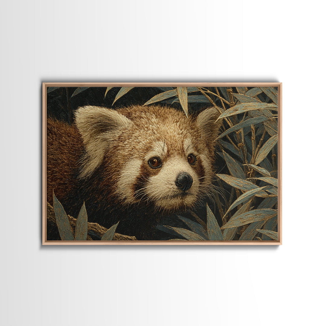 Red Panda Among Bamboo Leaves Framed Canvas Print, Wildlife Art, Art Print, Living Room Decor, Fine Art, Wild, Digital Wall Art, WIL-3x2-96