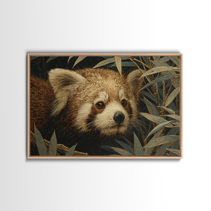 Red Panda Among Bamboo Leaves Framed Canvas Print, Wildlife Art, Art Print, Living Room Decor, Fine Art, Wild, Digital Wall Art, WIL-3x2-96