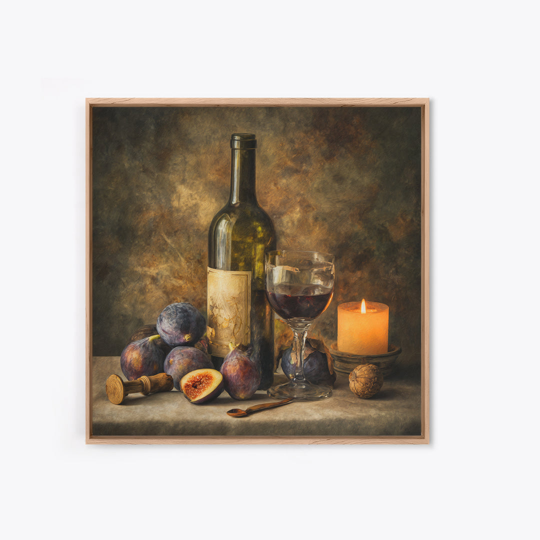 Wine Bottle and Glass Still Life Framed Canvas Print, Winery Art, Preppy Wall Art, Winery Decor, Vineyard, Statement Artwork, WIN-1x1-2
