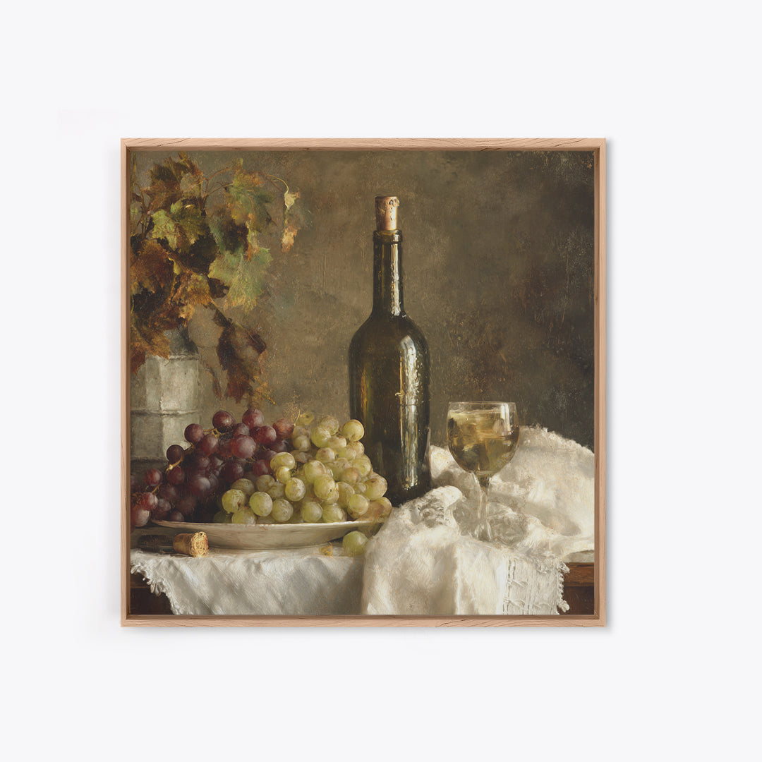 Champagne Grapes and White Linen Still Life Framed Canvas Print, Winery Art, Winery Decor, Abstract Art, Vineyard, WIN-1x1-29