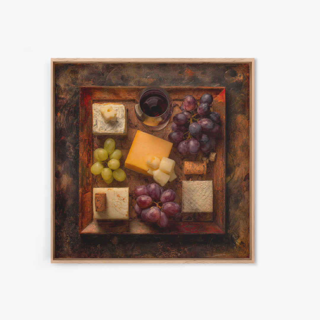 Charcuterie Board with Grapes and Cheese Framed Canvas Print, Winery Art, Boho Decor, Winery Decor, Oil Painting, Vineyard, WIN-1x1-37