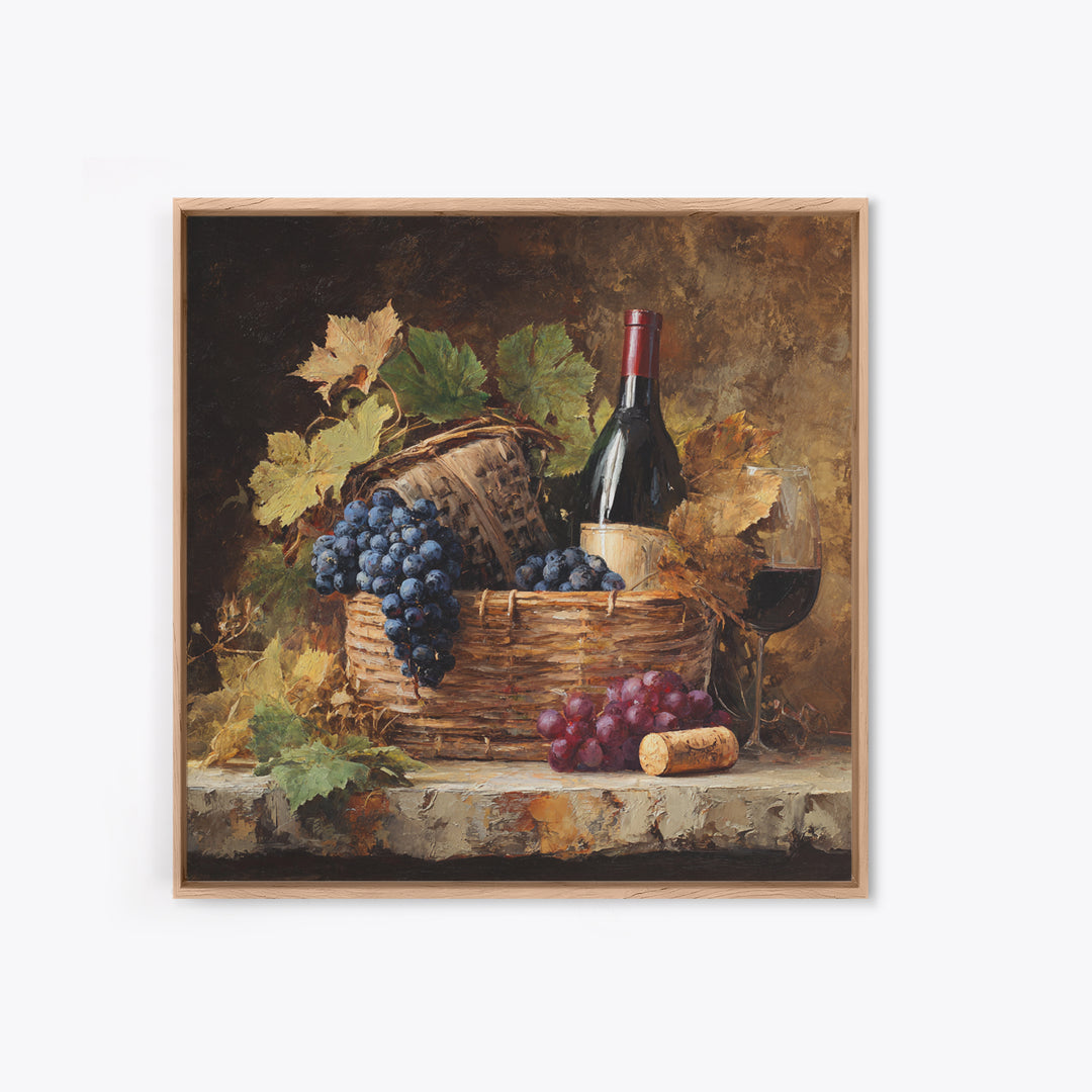 Wine Harvest Basket Framed Canvas Print, Winery Art, Bar Art, Winery Decor, Fine Art, Vineyard, Textured Painting, WIN-1x1-46