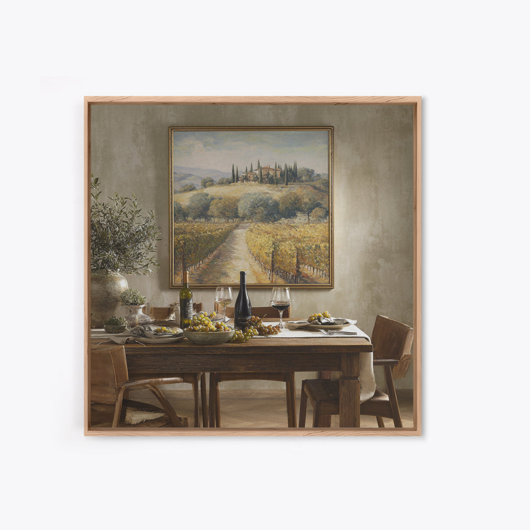 Tuscan Vineyard at Golden Hour Framed Canvas Print, Winery Art, Travel Poster, Winery Decor, Oil Painting, Vineyard, WIN-1x1-51