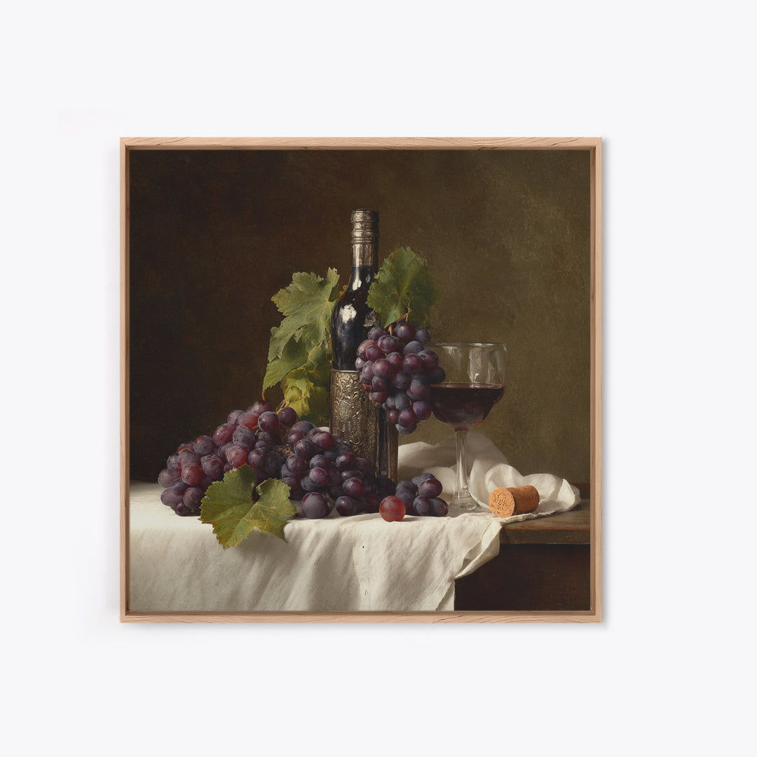 Champagne Grapes and White Linen Still Life Framed Canvas Print, Winery Art, Winery Decor, Abstract Art, Vineyard, WIN-1x1-53
