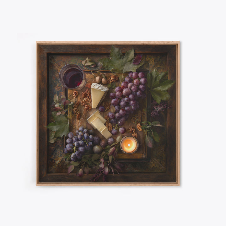 Charcuterie Board with Grapes and Cheese Framed Canvas Print, Winery Art, Boho Decor, Winery Decor, Oil Painting, Vineyard, WIN-1x1-61