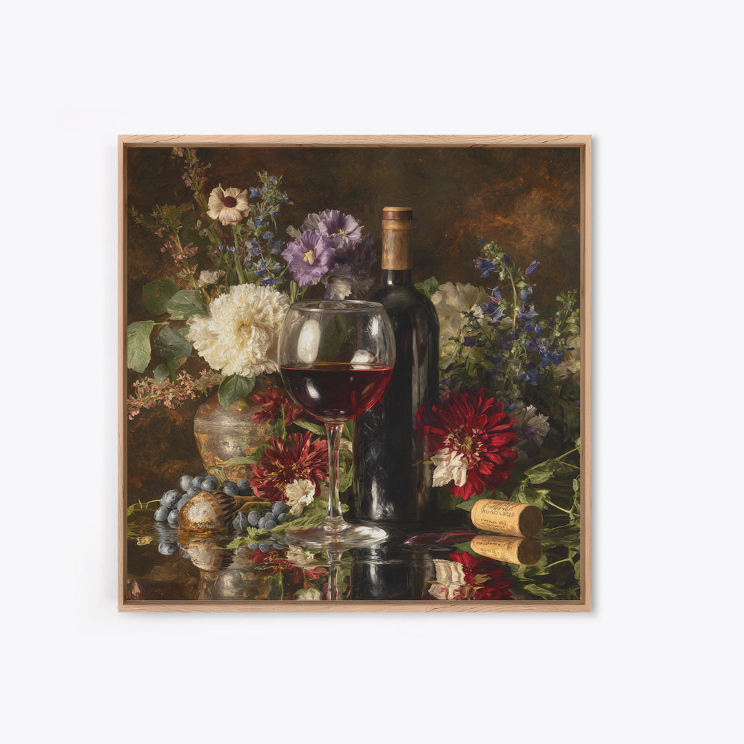 Ros Glass Beside Summer Flowers Framed Canvas Print, Winery Art, Gallery Decor, Winery Decor, Fine Art, Vineyard, Wall Art, WIN-1x1-62