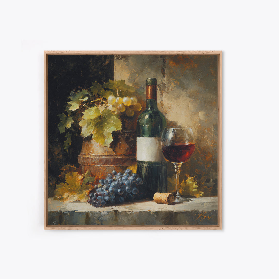 Olive Branch and Wine Glass Mediterranean Still Framed Canvas Print, Winery Art, Landscape Art, Winery Decor, Vineyard, WIN-1x1-72
