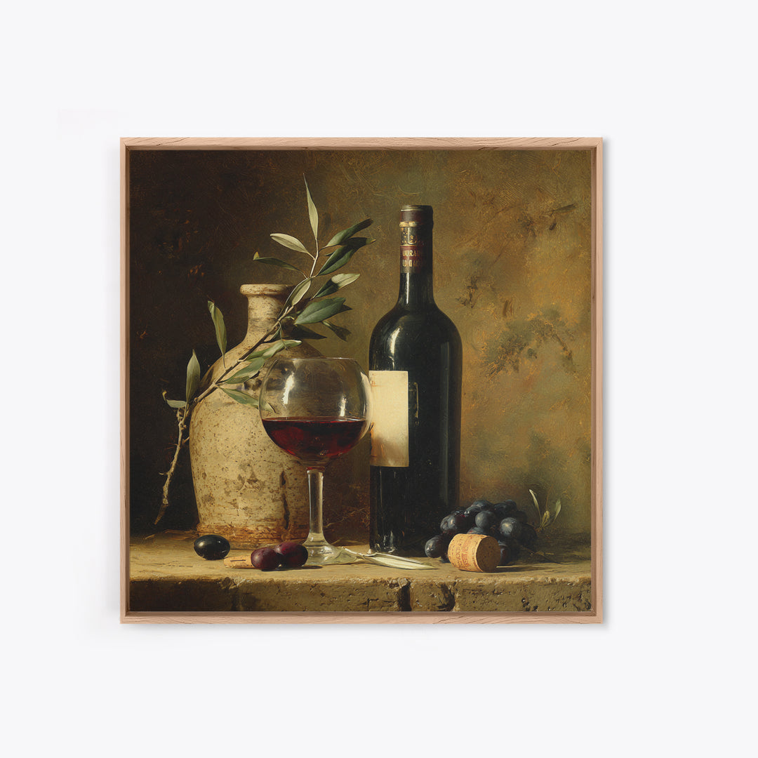 Olive Branch and Wine Glass Mediterranean Still Framed Canvas Print, Winery Art, Print, Winery Decor, Fine Art, Vineyard, WIN-1x1-96