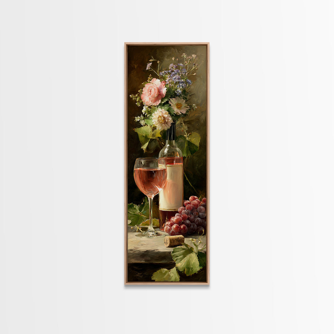 Ros Glass Beside Summer Flowers Canvas Print, Winery Art, Living Room Art, Winery Decor, Watercolor Art, Vineyard, WIN-1x3-26