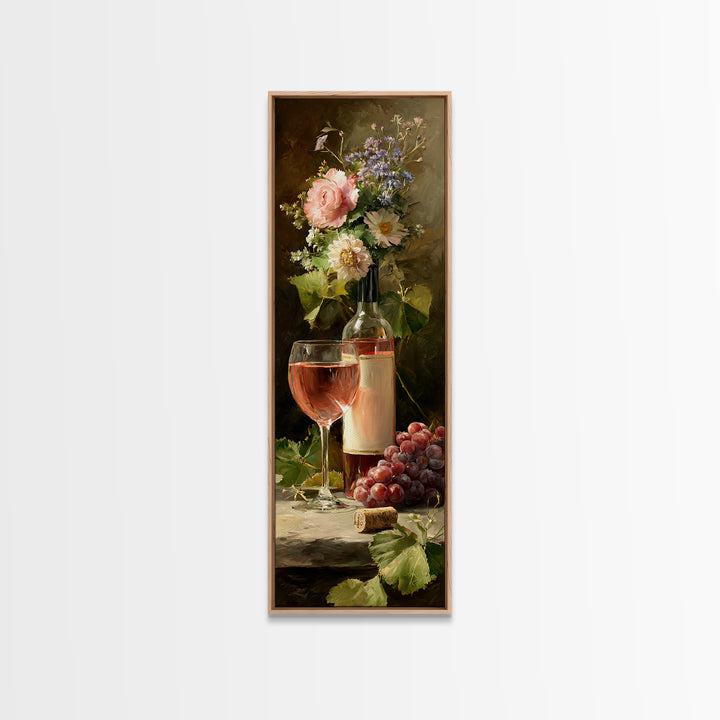 Ros Glass Beside Summer Flowers Canvas Print, Winery Art, Living Room Art, Winery Decor, Watercolor Art, Vineyard, WIN-1x3-26
