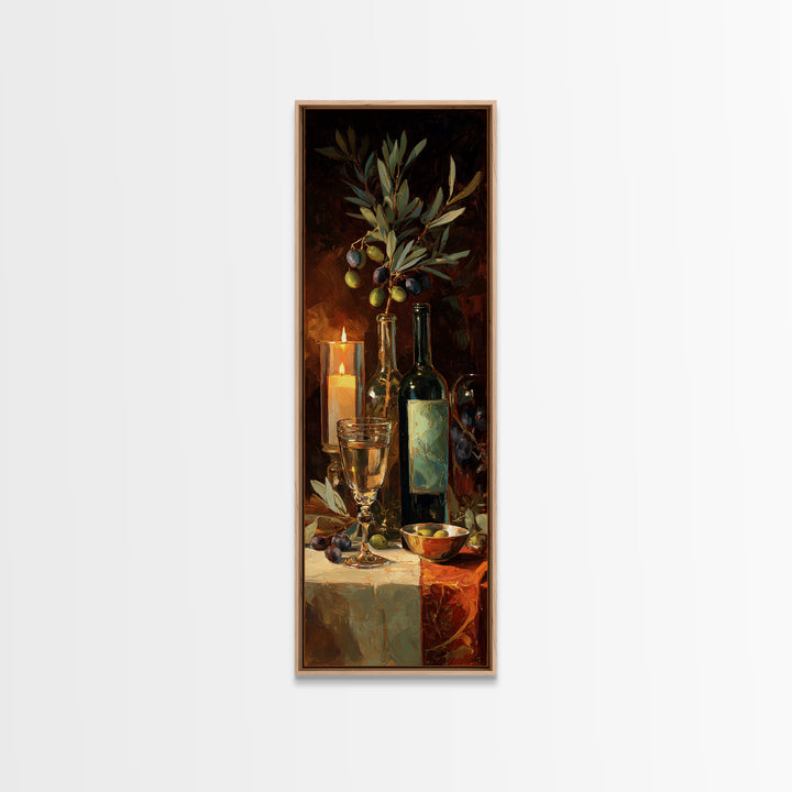 Olive Branch and Wine Glass Mediterranean Still Framed Canvas Print, Winery Art, Print, Winery Decor, Fine Art, Vineyard, WIN-1x3-36