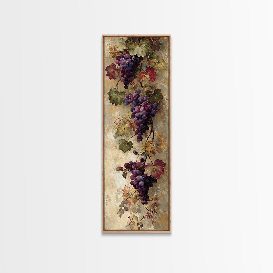 Grapevine Branch with Purple Grapes and Leaves Framed Canvas Print, Winery Art, Winery Decor, Watercolor Art, Vineyard, WIN-1x3-61