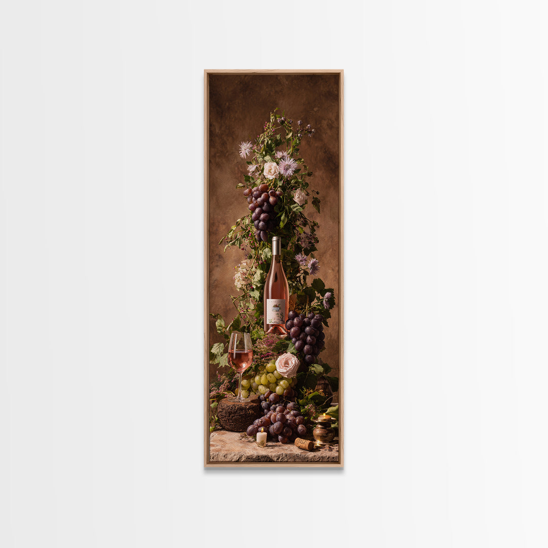 Ros Glass Beside Summer Flowers Framed Canvas Print, Winery Art, Fine Art Print, Winery Decor, Watercolor Art, Vineyard, WIN-1x3-74
