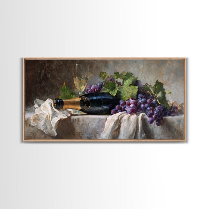 Champagne Grapes and White Linen Still Life Framed Canvas Print, Winery Art, Printable Wall Art, Winery Decor, Vineyard, WIN-2x1-1