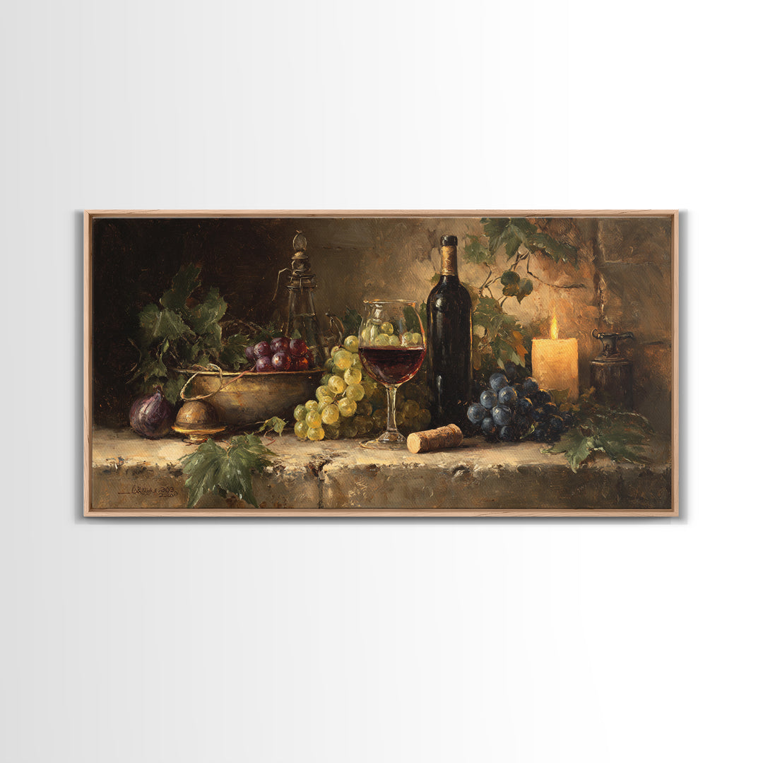 Olive Branch and Wine Glass Mediterranean Still Framed Canvas Print, Winery Art, Statement Artwork, Winery Decor, Vineyard, WIN-2x1-20