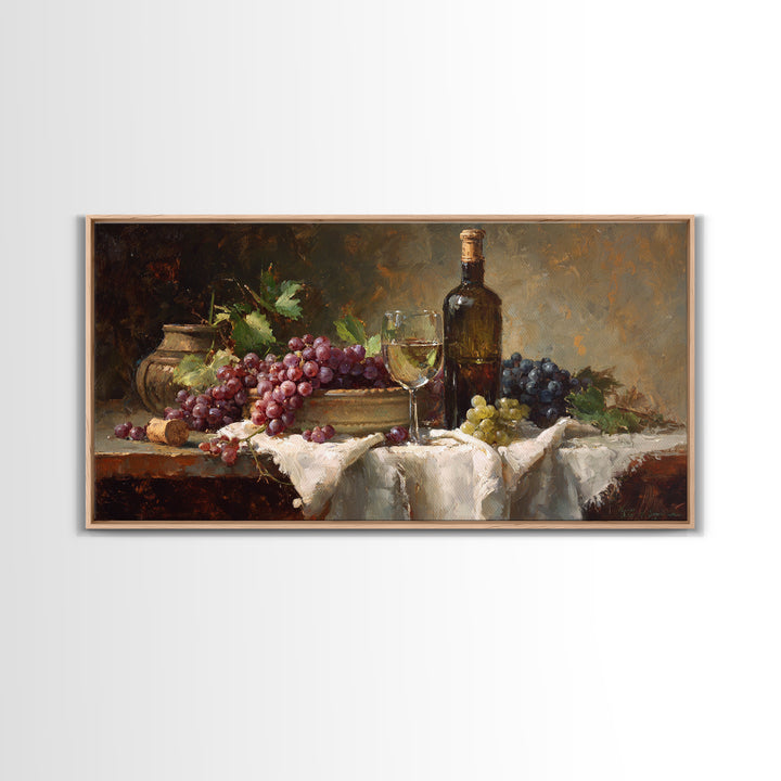Champagne Grapes and White Linen Still Life Framed Canvas Print, Winery Art, Printable Wall Art, Winery Decor, Vineyard, WIN-2x1-25