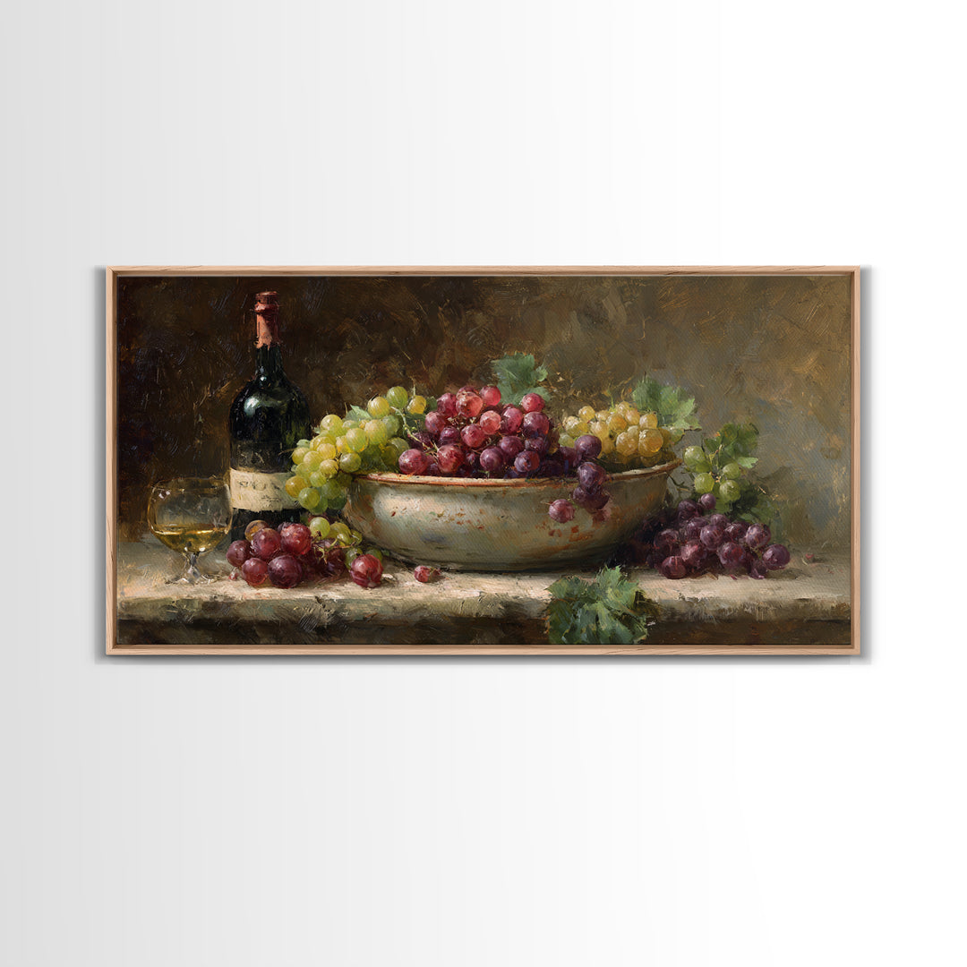 Grapes in a Ceramic Bowl with Shadows Framed Canvas Print, Winery Art, Oil Painting, Winery Decor, Watercolor Art, Vineyard, WIN-2x1-29