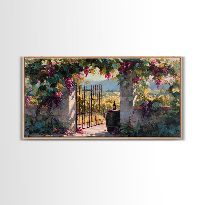 Vineyard Gate with Climbing Roses Framed Canvas Print, Winery Art, Wall Art, Winery Decor, Oil Painting, Vineyard, WIN-2x1-35