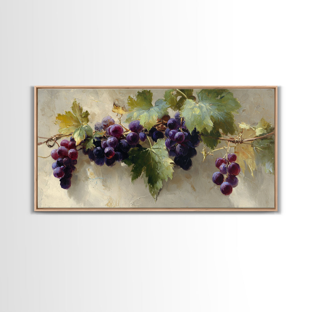 Grapevine Branch with Purple Grapes and Leaves Framed Canvas Print, Winery Art, Kitchen Wall Art, Winery Decor, Oil Painting, WIN-2x1-45