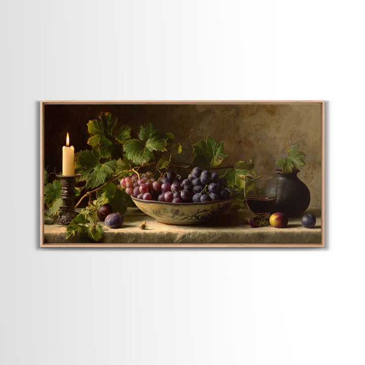 Grapes in a Ceramic Bowl with Shadows Framed Canvas Print, Winery Art, Oil Painting, Winery Decor, Watercolor Art, Vineyard, WIN-2x1-5