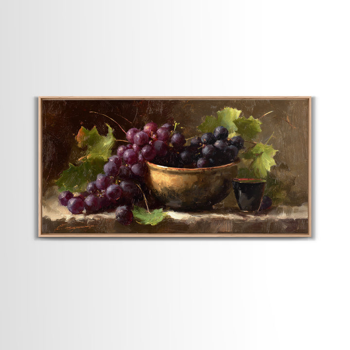 Grapes in a Ceramic Bowl with Shadows Canvas Print, Winery Art, Farmhouse Decor, Winery Decor, Oil Painting, Vineyard, WIN-2x1-53