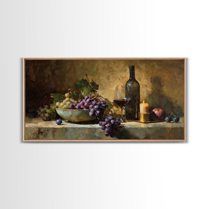 Grapes in a Ceramic Bowl with Shadows Canvas Print, Winery Art, Farmhouse Decor, Winery Decor, Oil Painting, Vineyard, WIN-2x1-77