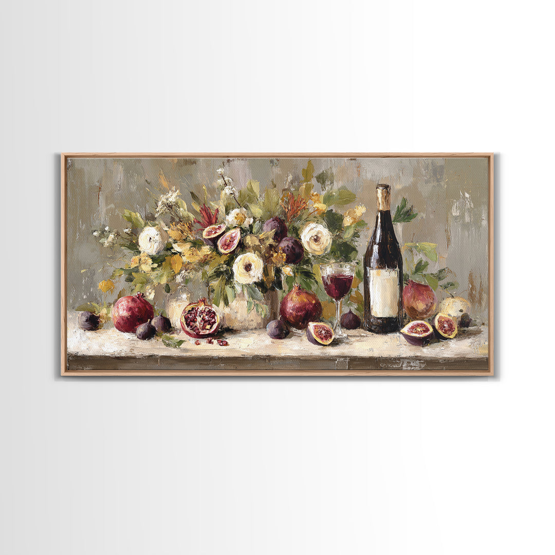Pomegranate Figs and Red Wine Composition Framed Canvas Print, Winery Art, Living Room Decor, Winery Decor, Fine Art, Vineyard, WIN-2x1-85