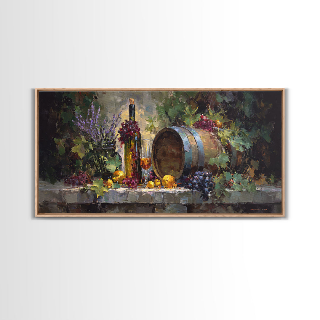Wine Barrel with Lavender and Sunlight Canvas Print, Winery Art, Oil Painting, Winery Decor, Watercolor Art, Vineyard, WIN-2x1-98