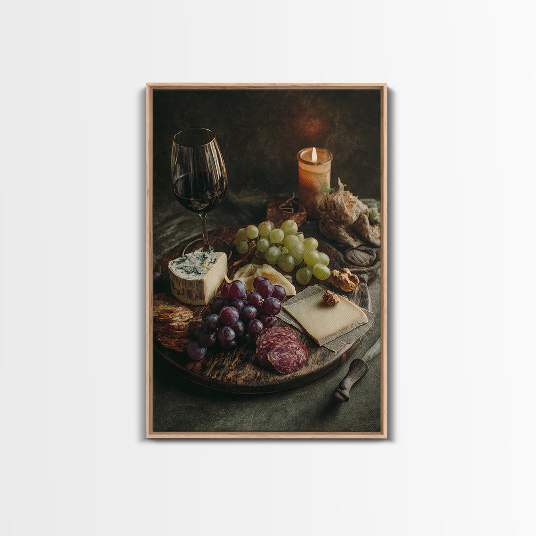 Charcuterie Board with Grapes and Cheese Framed Canvas Print, Winery Art, Art Print, Winery Decor, Oil Painting, Vineyard, WIN-2x3-21