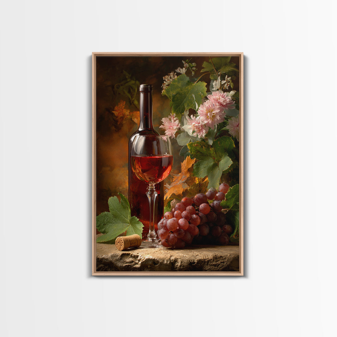 Ros Glass Beside Summer Flowers Framed Canvas Print, Winery Art, Art, Winery Decor, Fine Art, Vineyard, Farmhouse Decor, WIN-2x3-22