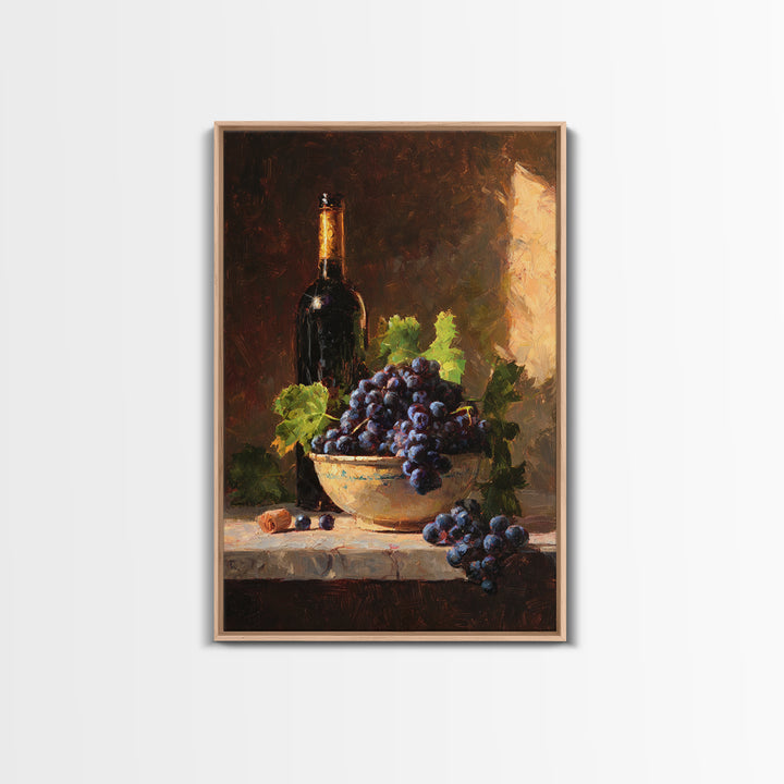 Grapes in a Ceramic Bowl with Shadows Framed Canvas Print, Winery Art, Kitchen Decor, Winery Decor, Abstract Art, Vineyard, WIN-2x3-41