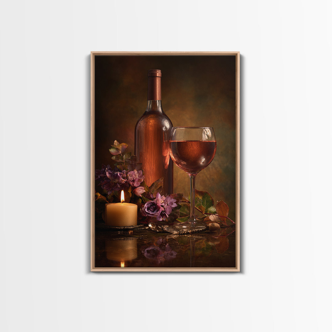 Ros Glass Beside Summer Flowers Framed Canvas Print, Winery Art, Art, Winery Decor, Fine Art, Vineyard, Farmhouse Decor, WIN-2x3-46