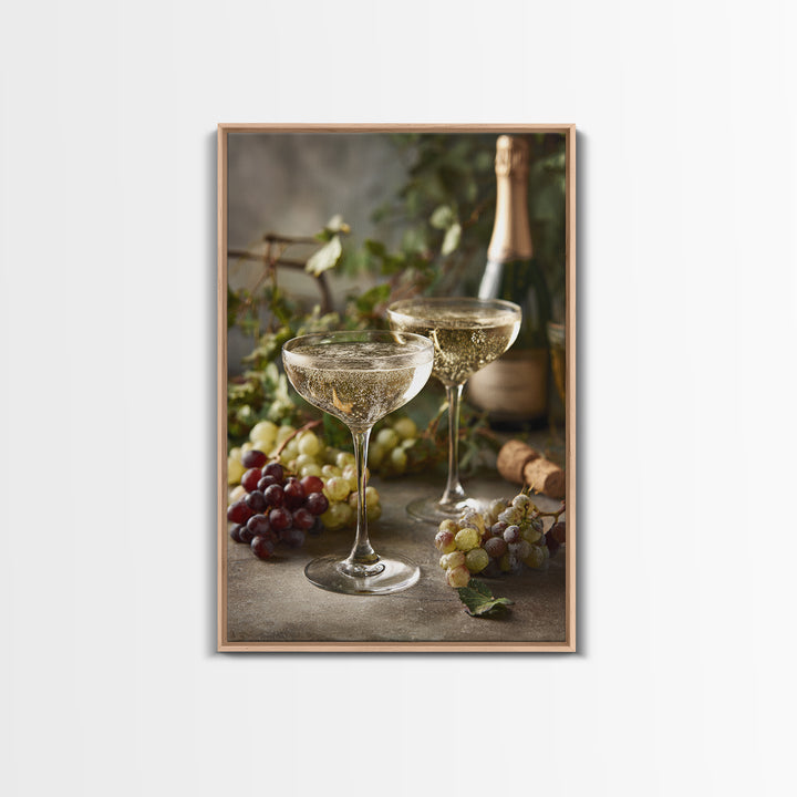 Champagne Coupe with Bubbles and Light Framed Canvas Print, Winery Art, Art Print, Winery Decor, Oil Painting, Vineyard, WIN-2x3-51