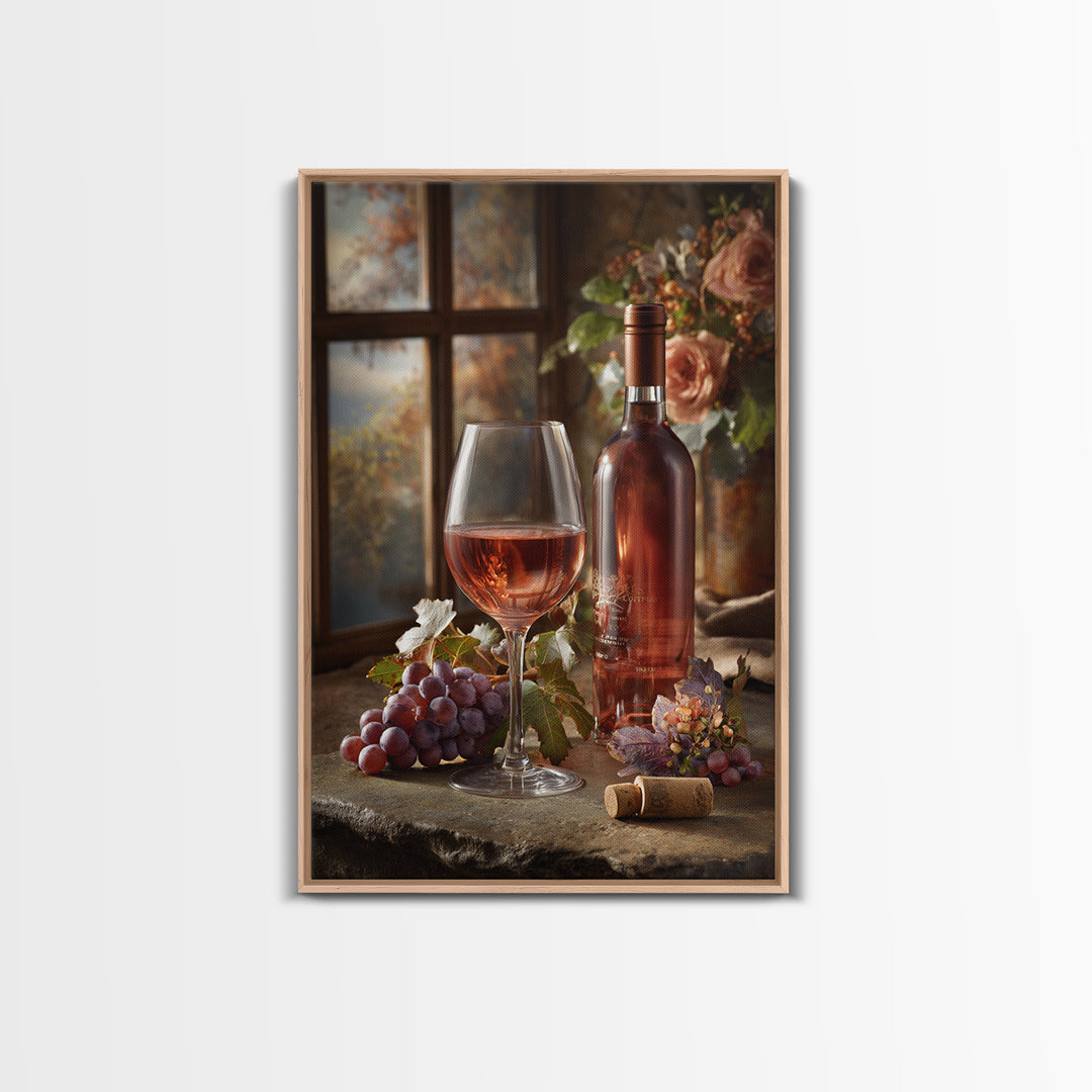 Ros Glass Beside Summer Flowers Canvas Print, Winery Art, Winery Decor, Oil Painting, Vineyard, Retro Wall Art, WIN-2x3-70